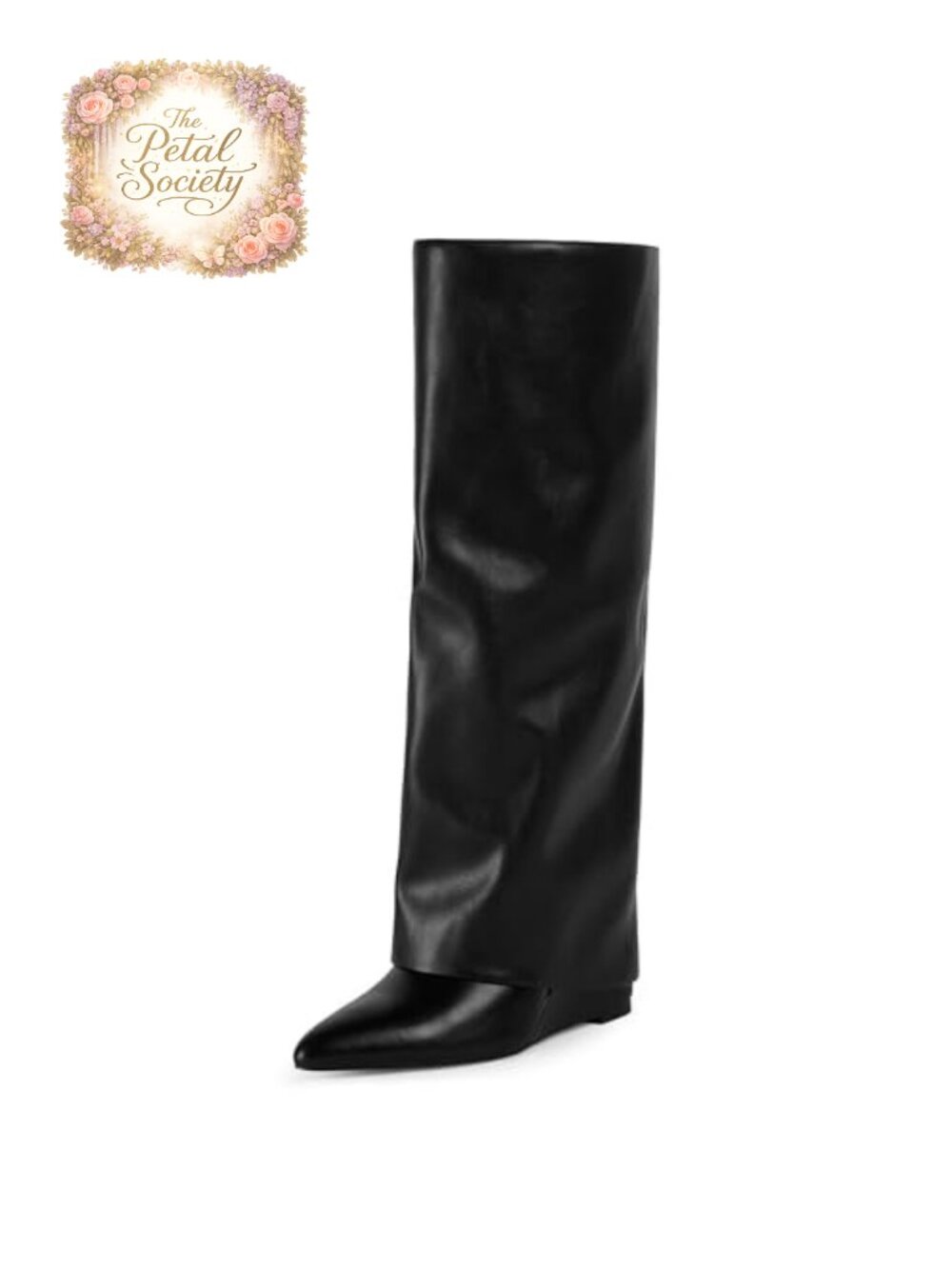 Knee High Boots Women Fold Over Wedge Heel Pointed Toe Tall Boots Faux Leather